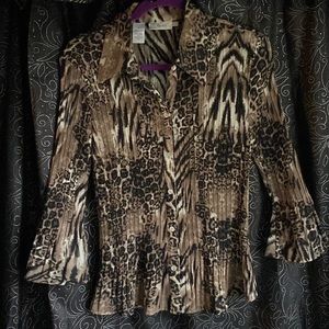 Naomi multi animal print three-quarter length, bell sleeve pleated blouse.